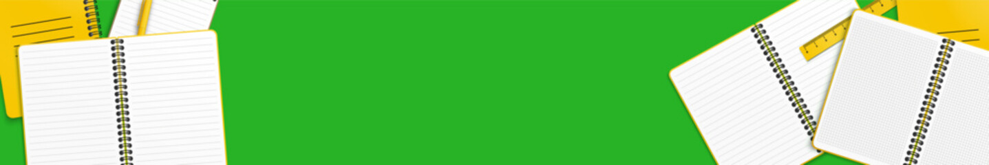 Closed and opened yellow notebook or notepad and yellow ball-point pen with copy space for your text. Minimalist vector illustration as back to school background. Green background. Top view, flat lay.