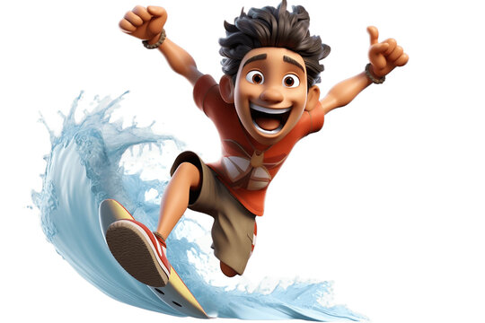Carefree Surfer 3D Cartoon Character on Transparent Background. AI