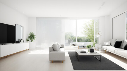 Modern bright interior living room idea with large windows