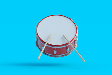 Falling drum with drumsticks on blue background. Percussion musical instrument. 3d render