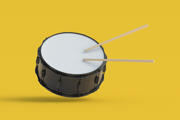 Falling drum with drumsticks on yellow background. Percussion musical instrument. 3d render