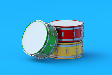Colorful drums on blue background. Percussion musical instrument. 3d render