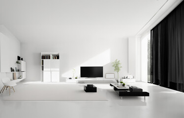 Fototapeta na wymiar Modern bright interior living room idea with large windows
