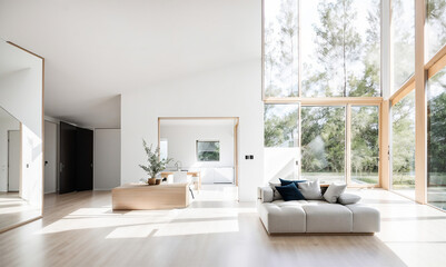 Fototapeta na wymiar Modern bright interior living room idea with large windows