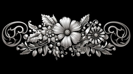 Delicate intricate filigree detailed silver design on black background. Floral pattern texture metal element. Ornate tattoo art, Generative Ai