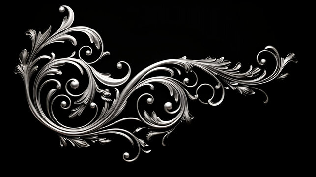 Delicate intricate filigree detailed silver design on black background. Floral pattern texture metal element. Ornate tattoo art, Generative Ai