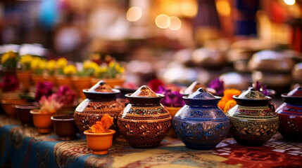 Fototapeta premium Exotic colorful spices and herbs at the market. Ceramic terracotta pots of Turkish tea. Traditional antique stall, Generative Ai