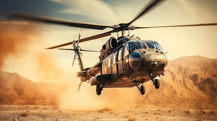 Fototapeta na wymiar Military helicopter in active combat zone. War chopper aircraft flying for the army and landing in the desert, Generative Ai