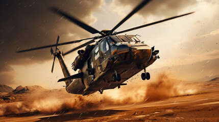 Military helicopter in active combat zone. War chopper aircraft flying for the army and landing in the desert, Generative Ai