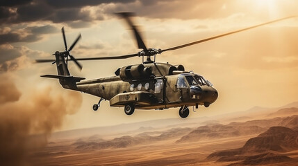 Fototapeta na wymiar Military helicopter in active combat zone. War chopper aircraft flying for the army and landing in the desert, Generative Ai