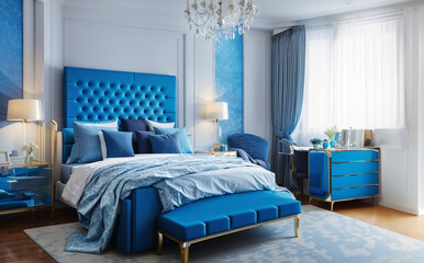 Modern luxury bedroom in blue and white colors