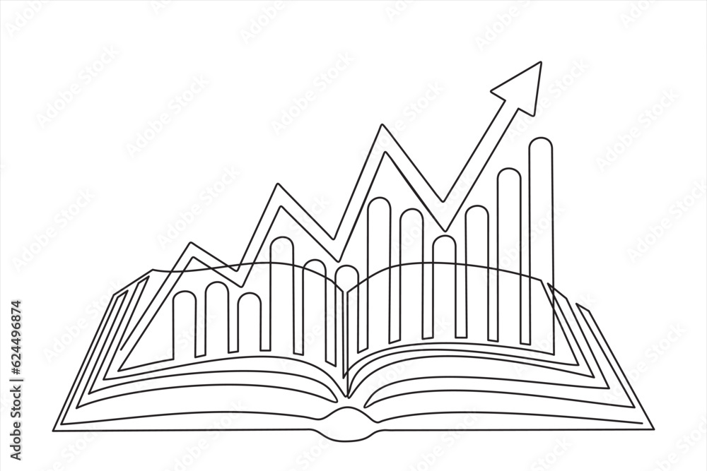 Poster continuous one single line drawing of business infographic with open book learning style