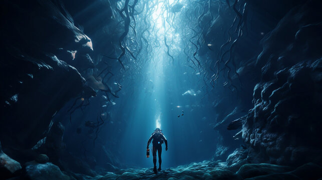 Scuba deep sea diver swimming in a deep ocean cavern . Underwater exploration. Into the abyss, Generative Ai