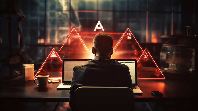 System warning hacked alert, cyber attack on computer network. programmer, Businessman staff, developer using technology with triangle caution warning sign notification error , Generative Ai