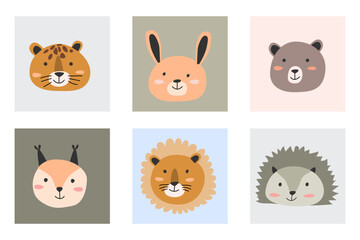 Obraz premium Set of simple portrait animals in scandinavian style. Cartoon wild african and forest animals faces set. Can used for baby clothes, cover design. 