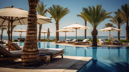 Luxurious swimming pool and loungers umbrellas near beach and sea with palm trees