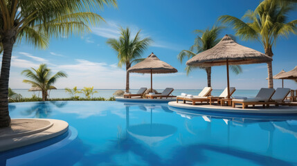 Luxurious swimming pool and loungers umbrellas near beach and sea with palm trees