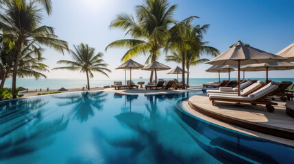 Fototapeta na wymiar Luxurious swimming pool and loungers umbrellas near beach and sea with palm trees
