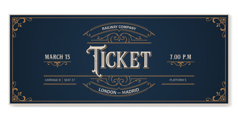 Vintage ticket template on a dark blue background with golden ornament.  For excursion routes, retro parties, clubs and other projects. Just add your text. Vector, can be used for printing.
