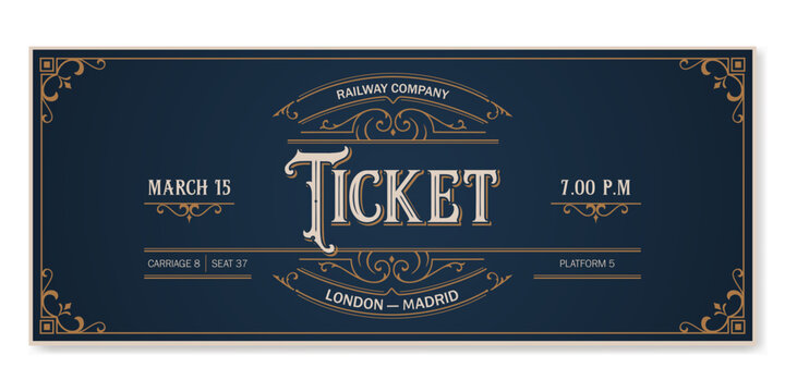 Vintage ticket template on a dark blue background with golden ornament.  For excursion routes, retro parties, clubs and other projects. Just add your text. Vector, can be used for printing.