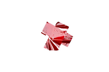 Isolated Red wrinkled adhesive tape pieces. Strips of masking tape on transparent background. PNG for design collage overlay. Torn red plastic tape.