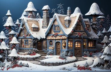 Fairy tale house covered with snow, christmas fir trees, winter holiday season, town at christmas eve, generative AI