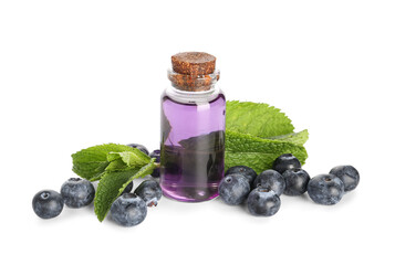 Bottle of essential oil, blueberry and mint leaves on white background