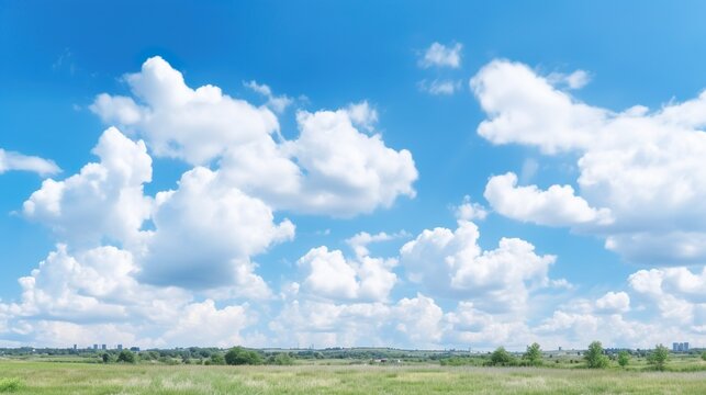 Sunny background, blue sky with white clouds and sun, photo illustration.