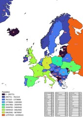 The Europe map classified by the number of inhabitants of the countries and with the abbreviation of the countries