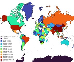 The world map classified by the number of inhabitants of the countries