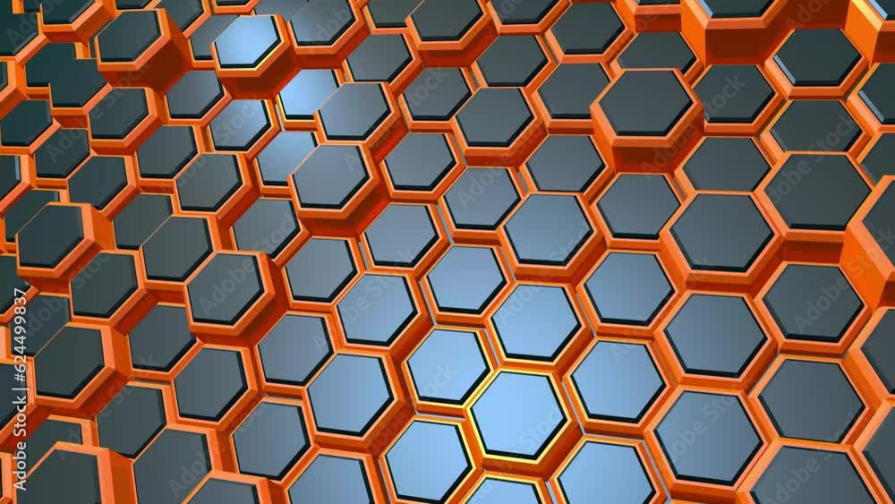 Poster gray-orange background or video intro made of dynamic hexagons. intro. 3d rendering animation.