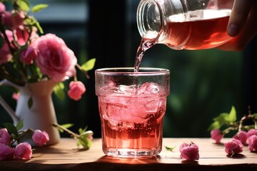 Woman pouring roses juice from jug into glass.