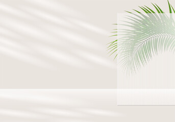 3d background products display podium scene with palm leaf geometric platform. beige background vector 3d render with podium. stand to show cosmetic product. 