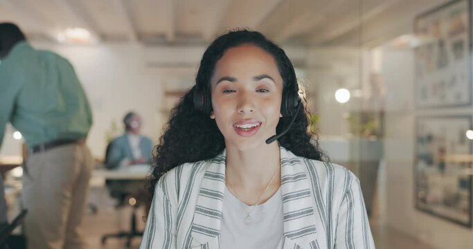Call center face, video call and business woman, consultant or advisor talking on telemarketing communication. Webinar conference, portrait and female agent for tech support, customer service or chat