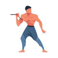 Man Engaged in Martial Arts with Nunchaku Vector Illustration
