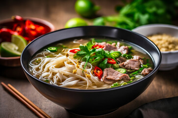 Bowl of Vietnamese Pho beef noodle soup with bean sprouts, chili, and a sprig of cilantro. - obrazy, fototapety, plakaty