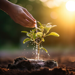 Fototapeta premium close up hand holding water and watering young tree to growing up