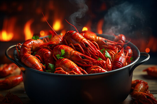 Boiled Crawfish. A black pot full of flavorful, steaming crawfish cooked to perfection in a spicy boil