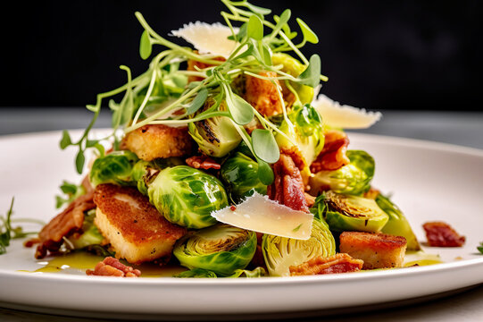 Brussels Sprouts Salad with Chicken: A flavorful combination of Brussels sprouts, succulent chicken, crispy croutons, tangy dressing, crunchy nuts, grated cheese, and fresh greens