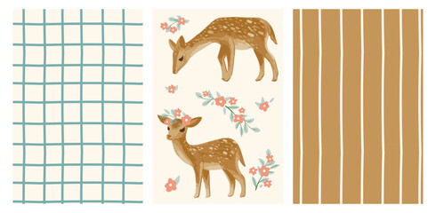 Pattern and print set with deer and floral. Vector illustration