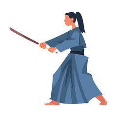 Woman Engaged in Wushu or Kung fu with Stick as Martial Arts Vector Illustration