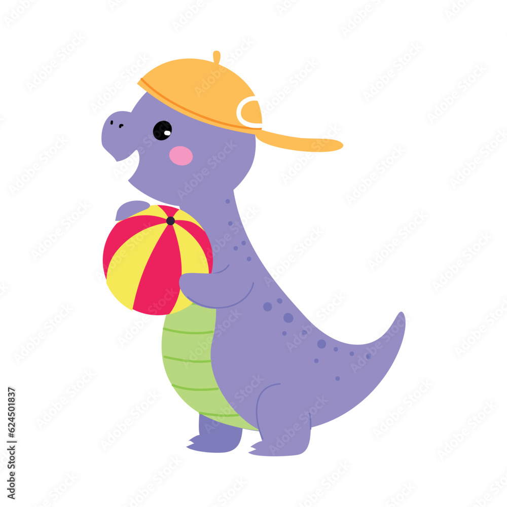 Wall mural Cute Baby Dino Character in Cap Play Ball Enjoy Summer Vector Illustration