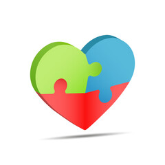 3d puzzle of the heart. The heart consists of three puzzle elements in red, blue and green. Volumetric design for websites, applications and creative design