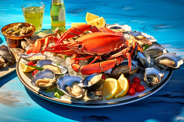  Seafood assortment with prepared crab, fresh oysters and lemon slices on dish. Trendy concept environmental menu on bright blue background. Close-up. Generative Ai content