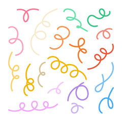 Squiggle loop colorful lines set. Simple twirl elements, hand drawn doodle decoration. Vector illustration isolated on white background