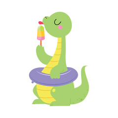 Cute Baby Dino Character Lick Ice Cream Sit with Rubber Ring Enjoy Summer Vector Illustration