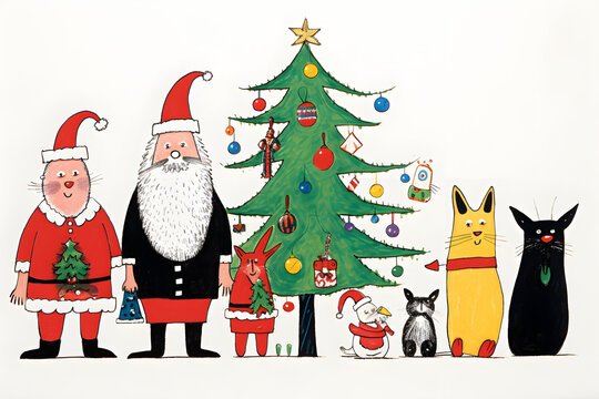 paint of Santa Claus figures stand near a decorated Christmas tree with animals