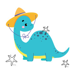 Cute Baby Dino Character in Straw Hat Enjoy Summer Vector Illustration