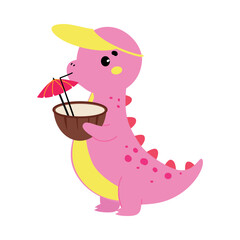 Cute Baby Dino Character Drink Cocktail with Straw Enjoy Summer Vector Illustration