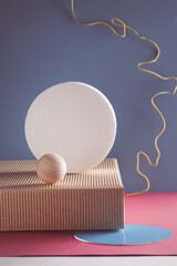 dimensional compositions of geometric shapes concept. circles on the texture box on purple and blue...